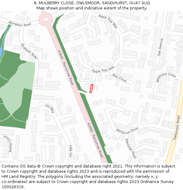 8, MULBERRY CLOSE, OWLSMOOR, SANDHURST, GU47 0UQ: Location map and indicative extent of plot