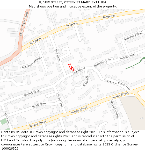 8, NEW STREET, OTTERY ST MARY, EX11 1EA: Location map and indicative extent of plot