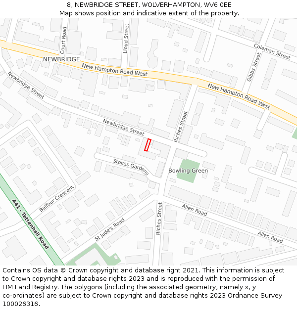 8, NEWBRIDGE STREET, WOLVERHAMPTON, WV6 0EE: Location map and indicative extent of plot