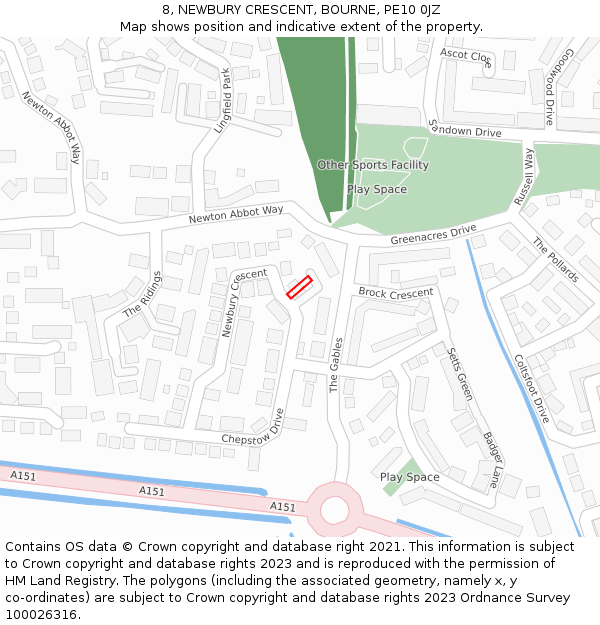 8, NEWBURY CRESCENT, BOURNE, PE10 0JZ: Location map and indicative extent of plot