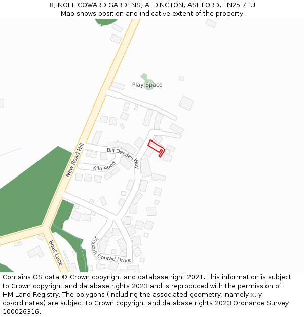 8, NOEL COWARD GARDENS, ALDINGTON, ASHFORD, TN25 7EU: Location map and indicative extent of plot