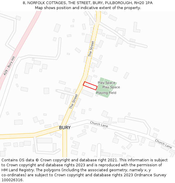 8, NORFOLK COTTAGES, THE STREET, BURY, PULBOROUGH, RH20 1PA: Location map and indicative extent of plot