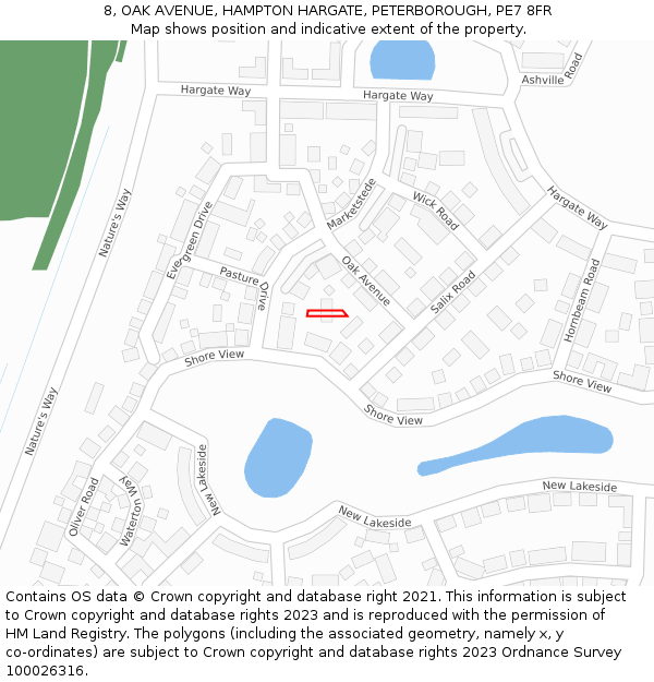 8, OAK AVENUE, HAMPTON HARGATE, PETERBOROUGH, PE7 8FR: Location map and indicative extent of plot