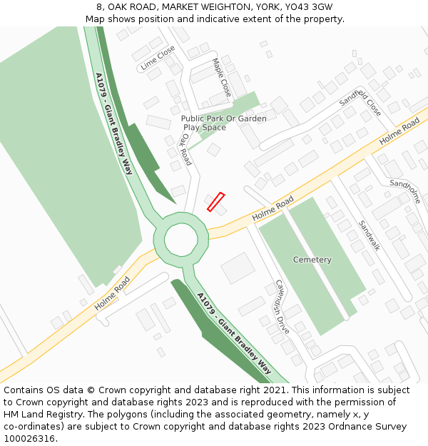 8, OAK ROAD, MARKET WEIGHTON, YORK, YO43 3GW: Location map and indicative extent of plot