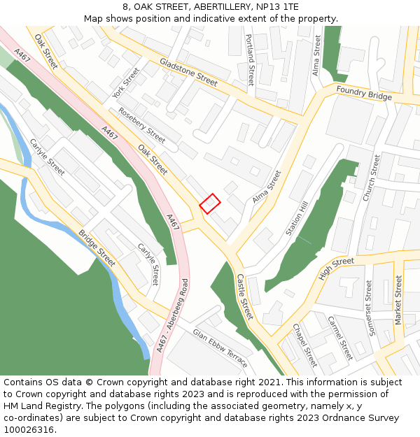 8, OAK STREET, ABERTILLERY, NP13 1TE: Location map and indicative extent of plot