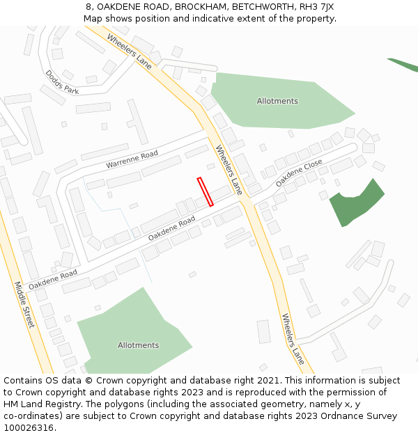 8, OAKDENE ROAD, BROCKHAM, BETCHWORTH, RH3 7JX: Location map and indicative extent of plot