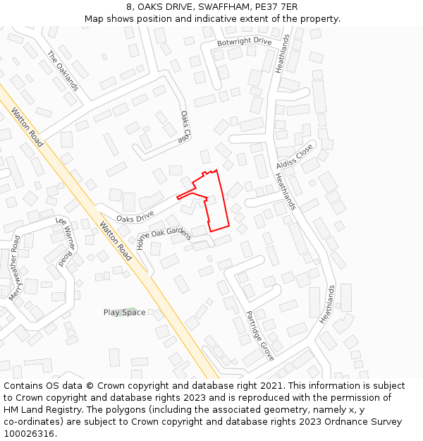 8, OAKS DRIVE, SWAFFHAM, PE37 7ER: Location map and indicative extent of plot