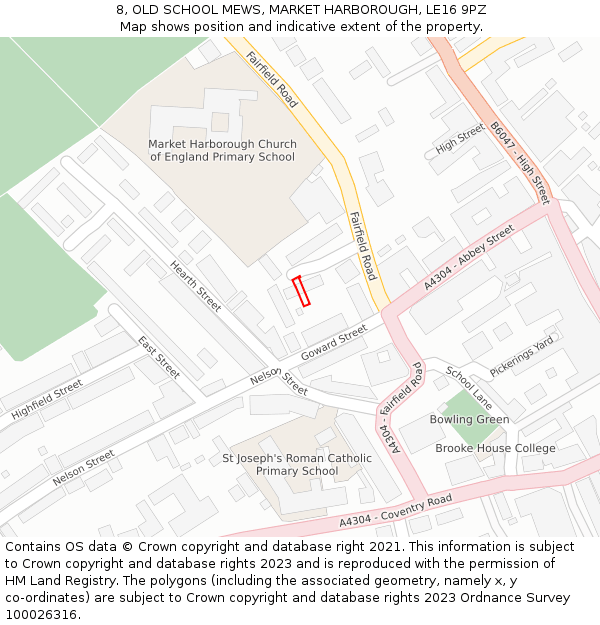 8, OLD SCHOOL MEWS, MARKET HARBOROUGH, LE16 9PZ: Location map and indicative extent of plot