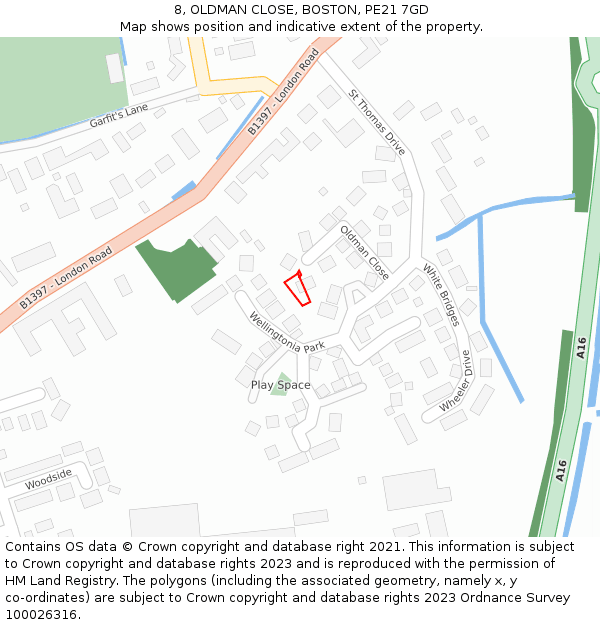 8, OLDMAN CLOSE, BOSTON, PE21 7GD: Location map and indicative extent of plot