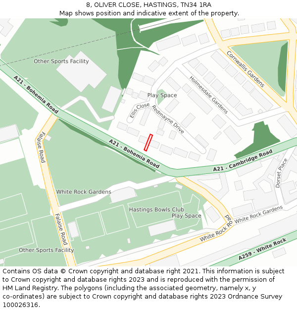 8, OLIVER CLOSE, HASTINGS, TN34 1RA: Location map and indicative extent of plot