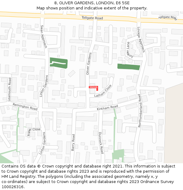 8, OLIVER GARDENS, LONDON, E6 5SE: Location map and indicative extent of plot