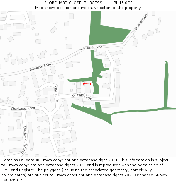 8, ORCHARD CLOSE, BURGESS HILL, RH15 0GF: Location map and indicative extent of plot