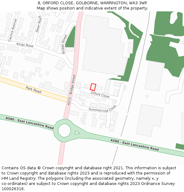 8, ORFORD CLOSE, GOLBORNE, WARRINGTON, WA3 3WP: Location map and indicative extent of plot
