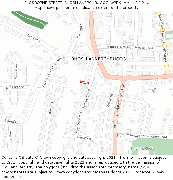 8, OSBORNE STREET, RHOSLLANERCHRUGOG, WREXHAM, LL14 2HU: Location map and indicative extent of plot