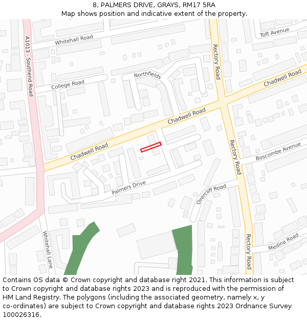 8, PALMERS DRIVE, GRAYS, RM17 5RA: Location map and indicative extent of plot