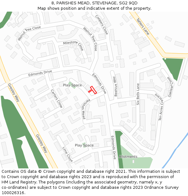 8, PARISHES MEAD, STEVENAGE, SG2 9QD: Location map and indicative extent of plot