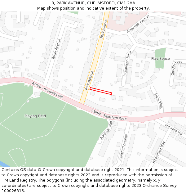 8, PARK AVENUE, CHELMSFORD, CM1 2AA: Location map and indicative extent of plot
