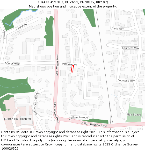 8, PARK AVENUE, EUXTON, CHORLEY, PR7 6JQ: Location map and indicative extent of plot