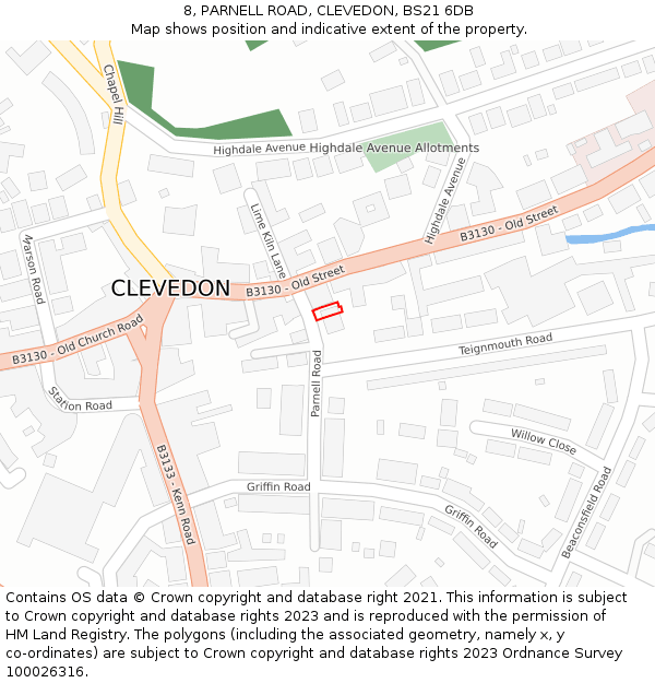 8, PARNELL ROAD, CLEVEDON, BS21 6DB: Location map and indicative extent of plot