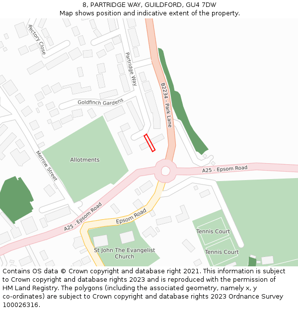 8, PARTRIDGE WAY, GUILDFORD, GU4 7DW: Location map and indicative extent of plot