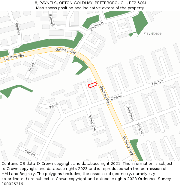8, PAYNELS, ORTON GOLDHAY, PETERBOROUGH, PE2 5QN: Location map and indicative extent of plot