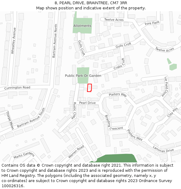 8, PEARL DRIVE, BRAINTREE, CM7 3RR: Location map and indicative extent of plot