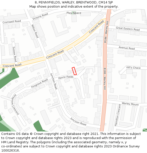 8, PENNYFIELDS, WARLEY, BRENTWOOD, CM14 5JP: Location map and indicative extent of plot