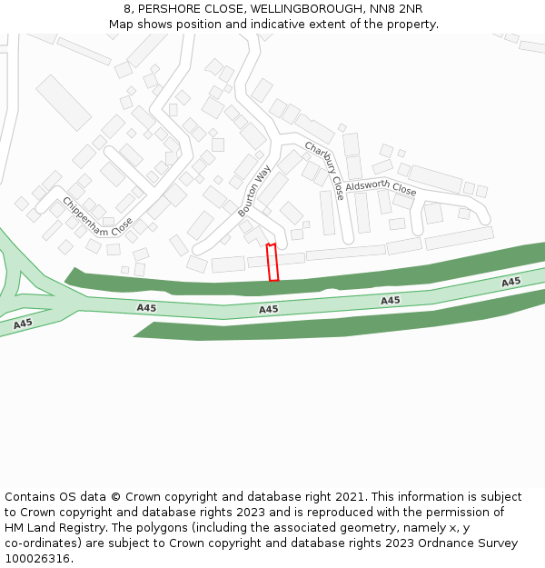 8, PERSHORE CLOSE, WELLINGBOROUGH, NN8 2NR: Location map and indicative extent of plot