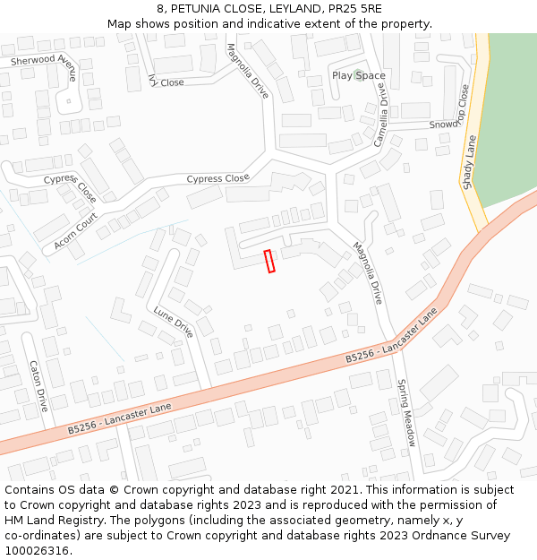 8, PETUNIA CLOSE, LEYLAND, PR25 5RE: Location map and indicative extent of plot
