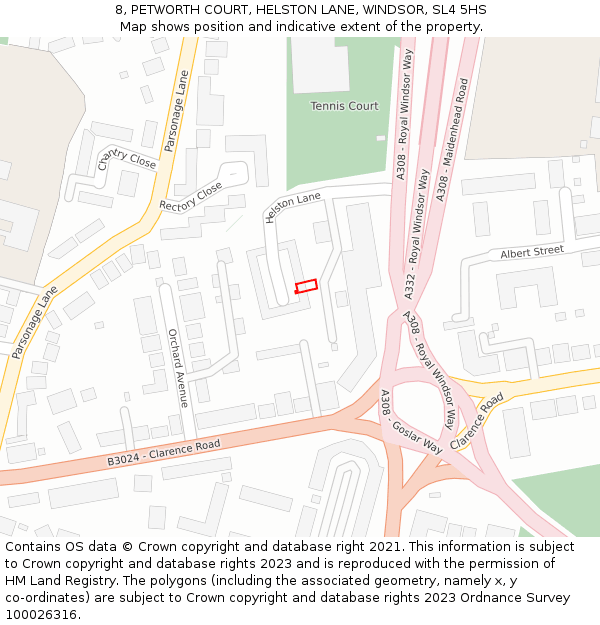 8, PETWORTH COURT, HELSTON LANE, WINDSOR, SL4 5HS: Location map and indicative extent of plot