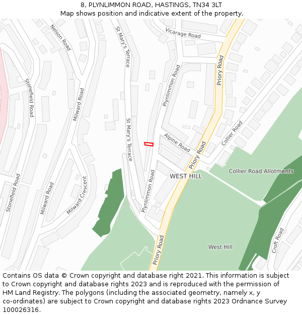 8, PLYNLIMMON ROAD, HASTINGS, TN34 3LT: Location map and indicative extent of plot
