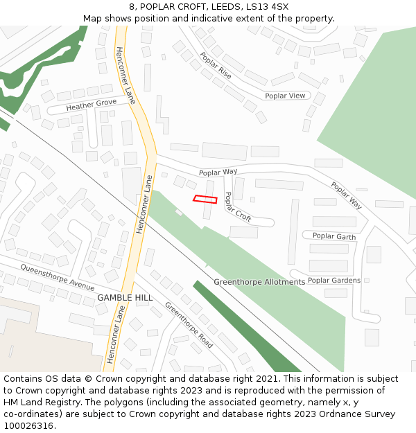 8, POPLAR CROFT, LEEDS, LS13 4SX: Location map and indicative extent of plot