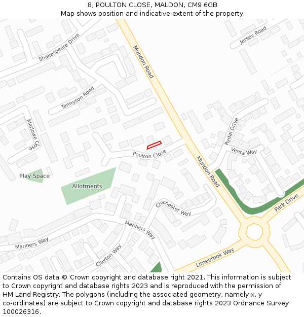 8, POULTON CLOSE, MALDON, CM9 6GB: Location map and indicative extent of plot