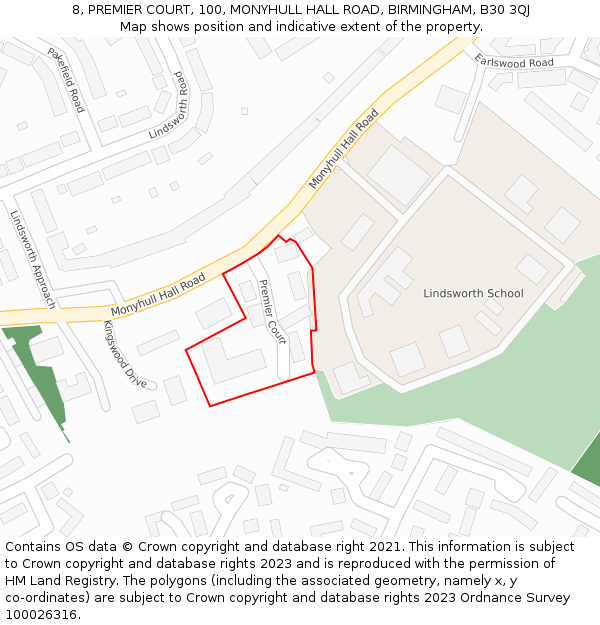 8, PREMIER COURT, 100, MONYHULL HALL ROAD, BIRMINGHAM, B30 3QJ: Location map and indicative extent of plot