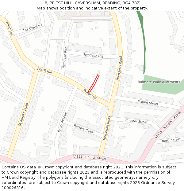8, PRIEST HILL, CAVERSHAM, READING, RG4 7RZ: Location map and indicative extent of plot