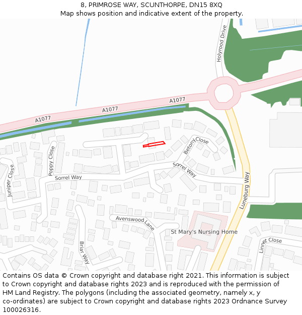 8, PRIMROSE WAY, SCUNTHORPE, DN15 8XQ: Location map and indicative extent of plot
