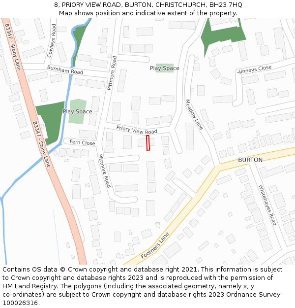 8, PRIORY VIEW ROAD, BURTON, CHRISTCHURCH, BH23 7HQ: Location map and indicative extent of plot