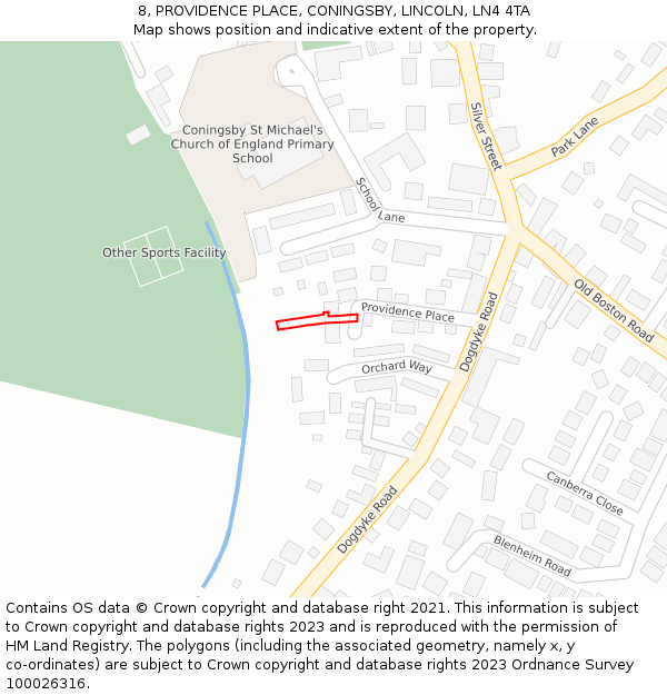 8, PROVIDENCE PLACE, CONINGSBY, LINCOLN, LN4 4TA: Location map and indicative extent of plot