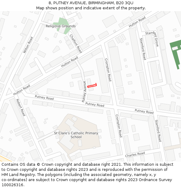 8, PUTNEY AVENUE, BIRMINGHAM, B20 3QU: Location map and indicative extent of plot