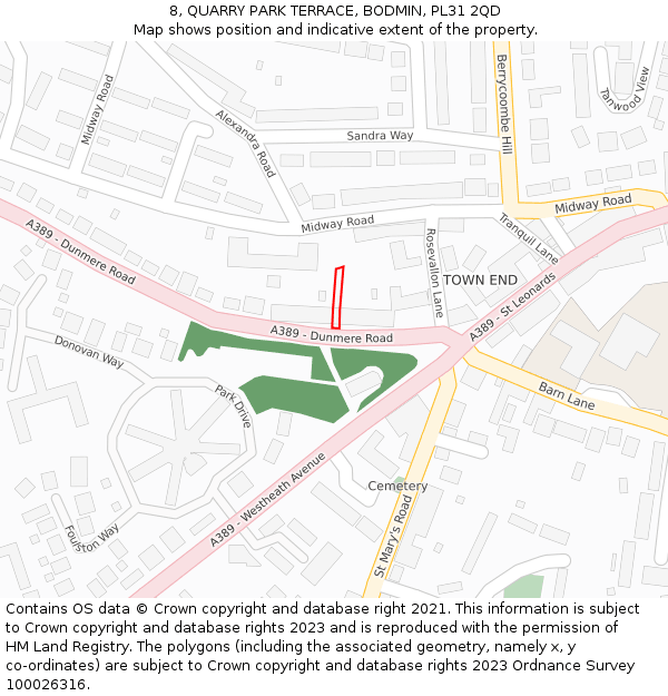 8, QUARRY PARK TERRACE, BODMIN, PL31 2QD: Location map and indicative extent of plot