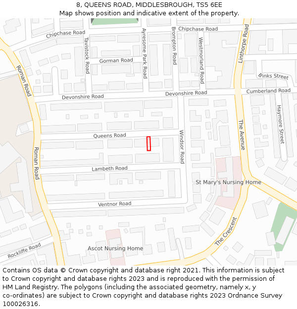 8, QUEENS ROAD, MIDDLESBROUGH, TS5 6EE: Location map and indicative extent of plot