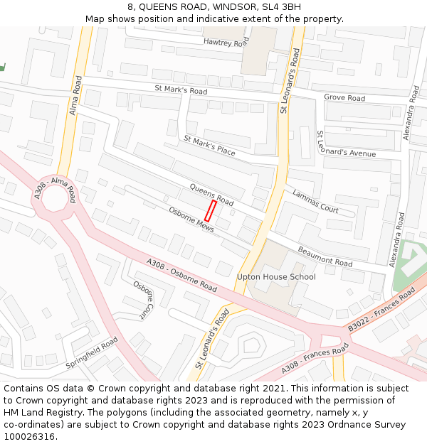 8, QUEENS ROAD, WINDSOR, SL4 3BH: Location map and indicative extent of plot