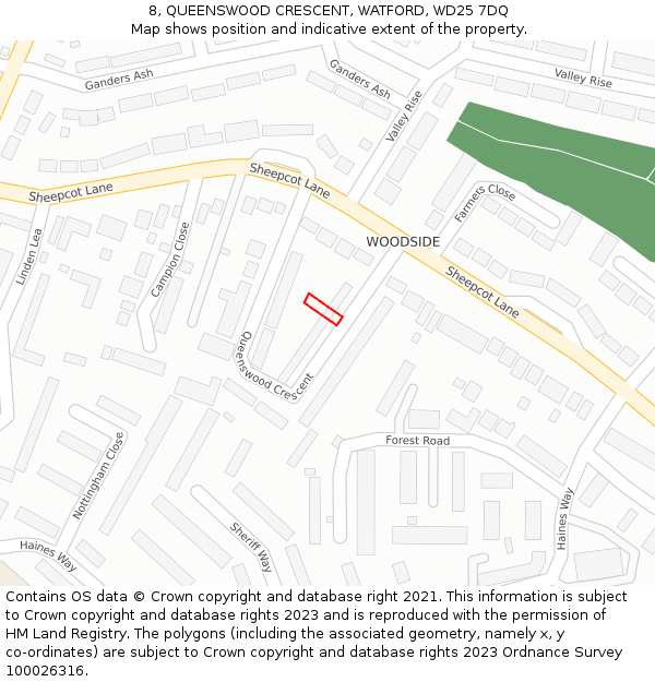 8, QUEENSWOOD CRESCENT, WATFORD, WD25 7DQ: Location map and indicative extent of plot