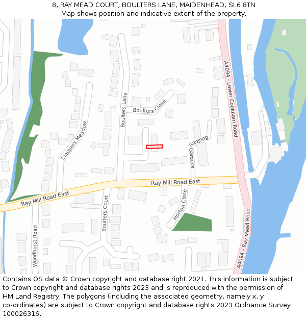 8, RAY MEAD COURT, BOULTERS LANE, MAIDENHEAD, SL6 8TN: Location map and indicative extent of plot