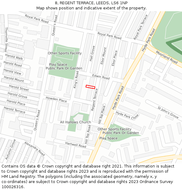 8, REGENT TERRACE, LEEDS, LS6 1NP: Location map and indicative extent of plot