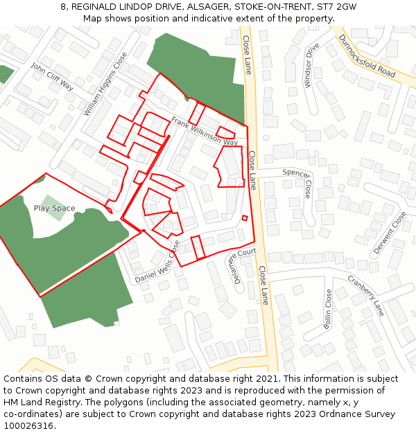 8, REGINALD LINDOP DRIVE, ALSAGER, STOKE-ON-TRENT, ST7 2GW: Location map and indicative extent of plot