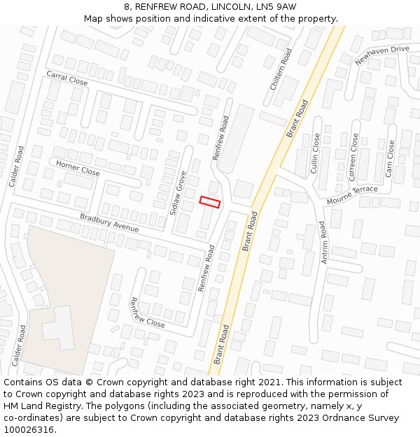 8, RENFREW ROAD, LINCOLN, LN5 9AW: Location map and indicative extent of plot