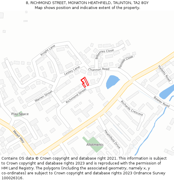 8, RICHMOND STREET, MONKTON HEATHFIELD, TAUNTON, TA2 8GY: Location map and indicative extent of plot