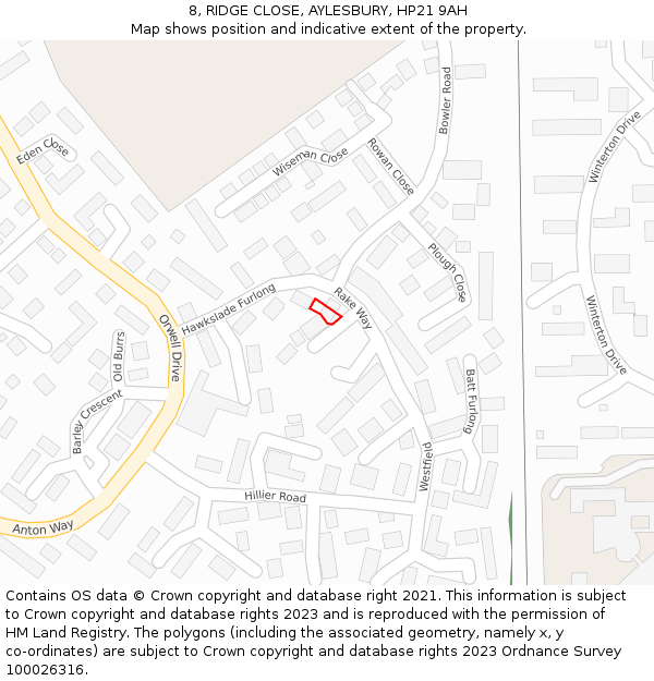 8, RIDGE CLOSE, AYLESBURY, HP21 9AH: Location map and indicative extent of plot