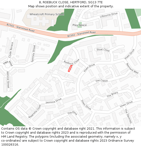 8, ROEBUCK CLOSE, HERTFORD, SG13 7TE: Location map and indicative extent of plot